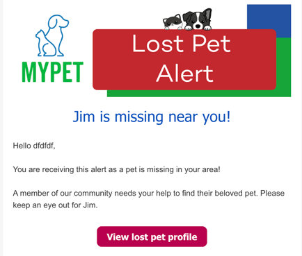 Lost pet alert email
